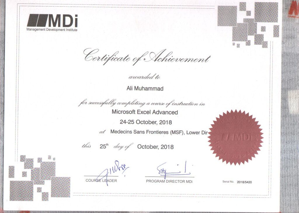 excel traning certificate